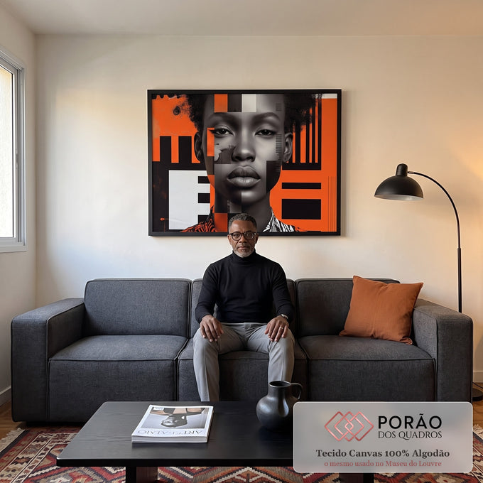 Quadro Decorativo Abstrato Mulher - Elegante em Tons Laranja em sala de estar moderna - quadros decorativos para sala
