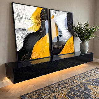 Quadro Decorativo Abstração em Ponto - Preto, Branco e Amarelo em ambiente decorado - quadros decorativos para sala