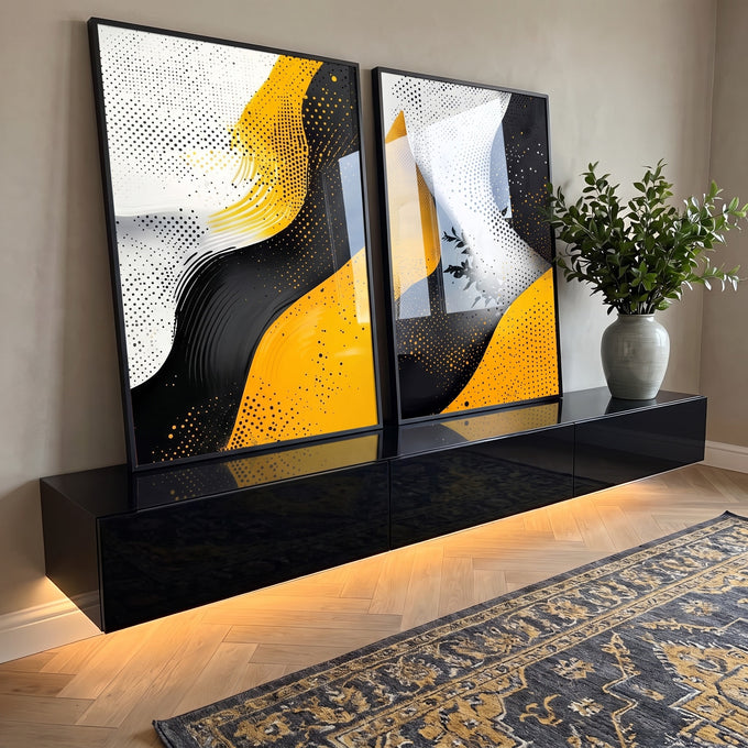 Quadro Decorativo Abstração em Ponto - Preto, Branco e Amarelo em ambiente decorado - quadros decorativos para sala