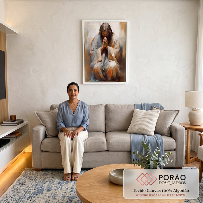 Quadro Decorativo Benção de Jesus Inspirando Fé e Esperança em sala de estar moderna - quadros decorativos para sala