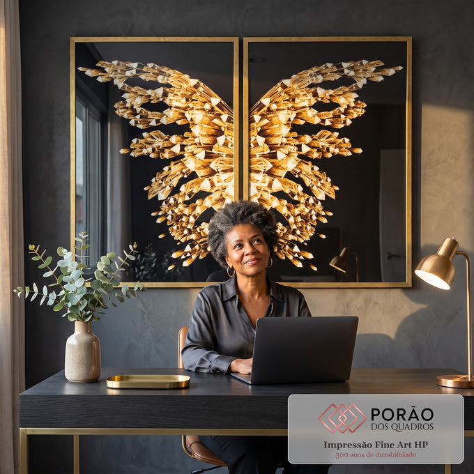 Quadro Decorativo Luxo: Asas de Borboleta Douradas em escritorio moderno - quadros decorativos para sala