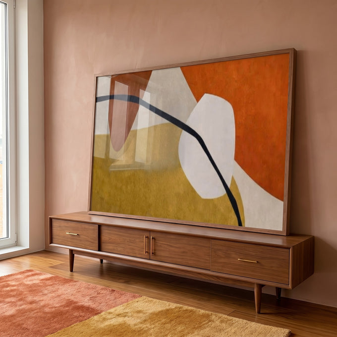 Quadro Decorativo: Abstração Vibrante em Laranja e Preto em ambiente decorado - quadros decorativos para sala