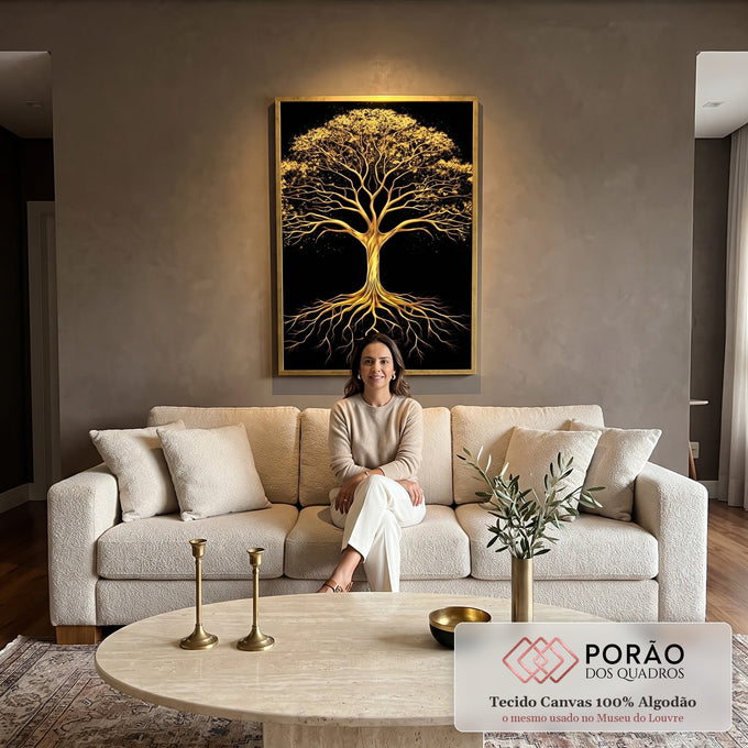 Quadro Decorativo Árvore Dourada em sala de estar moderna - quadros decorativos para sala