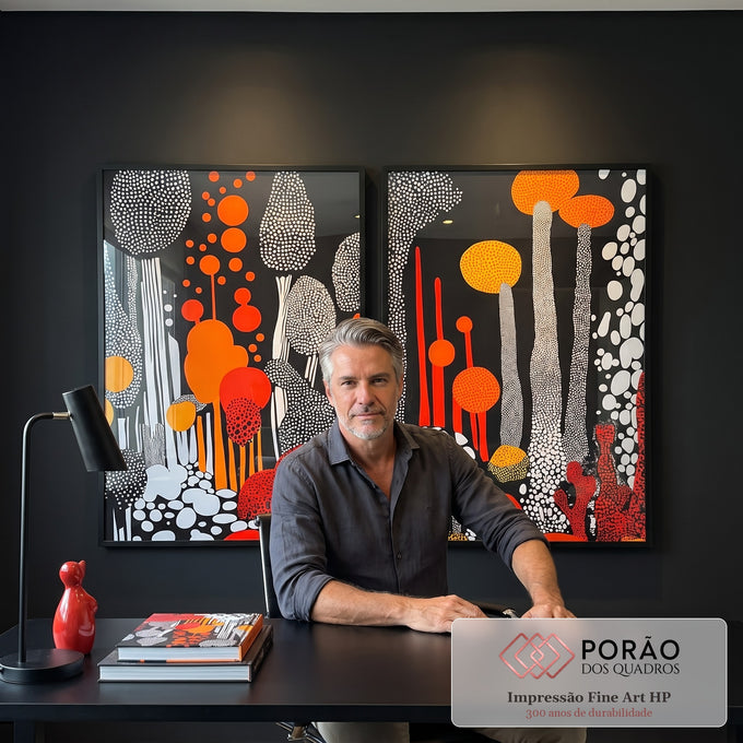 Quadro Decorativo Dupla Abstrata em Pontilhados em escritorio moderno - quadros decorativos para sala