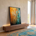 Quadro Decorativo Laranja e Verde Sofisticado em ambiente decorado - quadros decorativos para sala