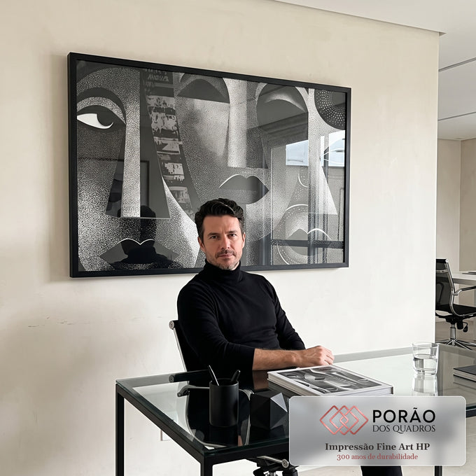 Quadro Decorativo Rostos Estilizados em Preto e Branco em escritorio moderno - quadros decorativos para sala