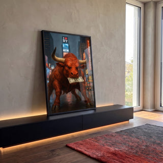 Quadro Decorativo Joyful Bull Vermelho Urbano em ambiente decorado - quadros decorativos para sala