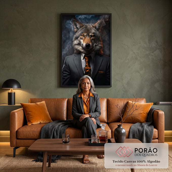 Quadro Decorativo Lobo Empresário - Sofisticação e Estilo para Sua Casa em sala de estar moderna - quadros decorativos para sala