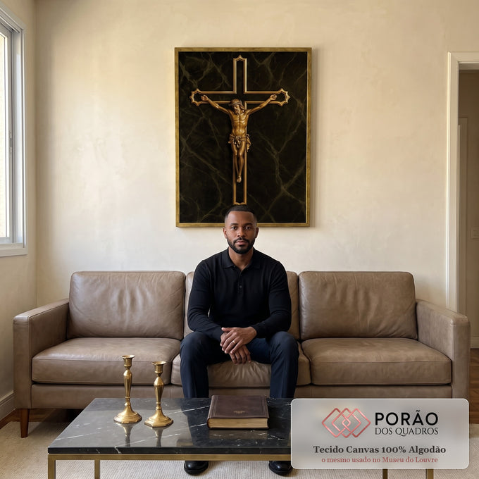 Quadro Decorativo Cristo Dourado em Serenidade em sala de estar moderna - quadros decorativos para sala