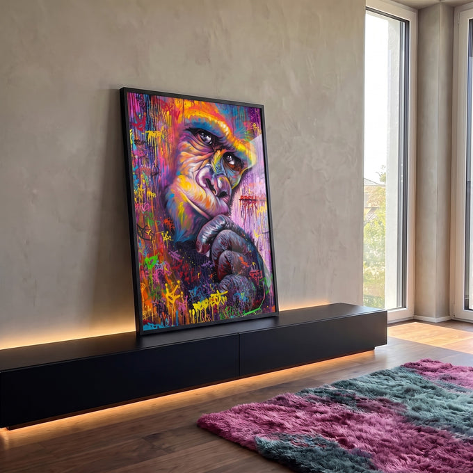 Quadro Decorativo Gorila Neon: Natureza e Arte Urbana em ambiente decorado - quadros decorativos para sala