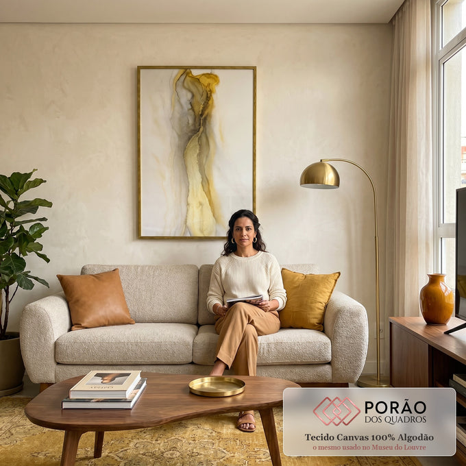 Quadro Decorativo Luxo Ondas Douradas em sala de estar moderna - quadros decorativos para sala