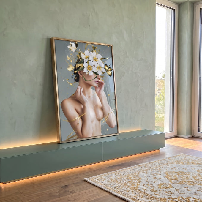 Quadro Decorativo Mulher com Cabeça de Flores - Elegância e Sofisticação para Seu Ambiente em ambiente decorado - quadros decorativos para sala