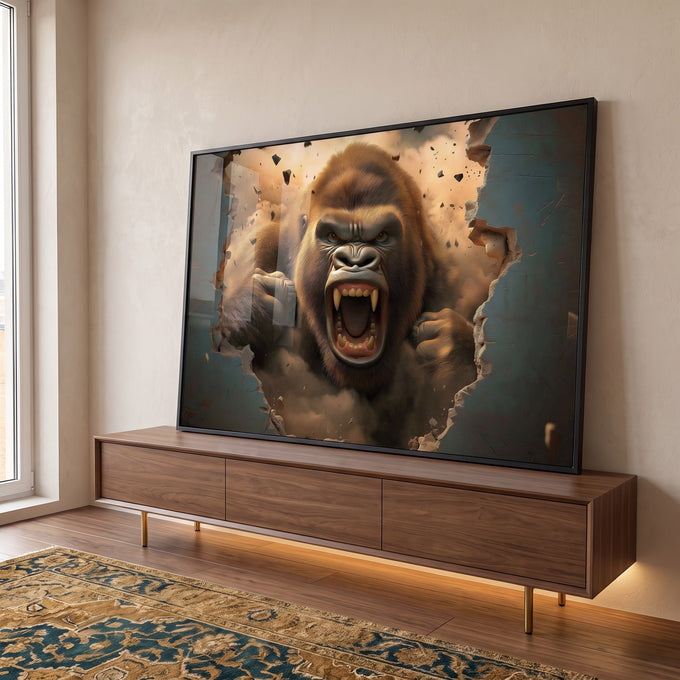 Quadro Decorativo Impactante Ira do Gorila Quebrando a Parede em ambiente decorado - quadros decorativos para sala