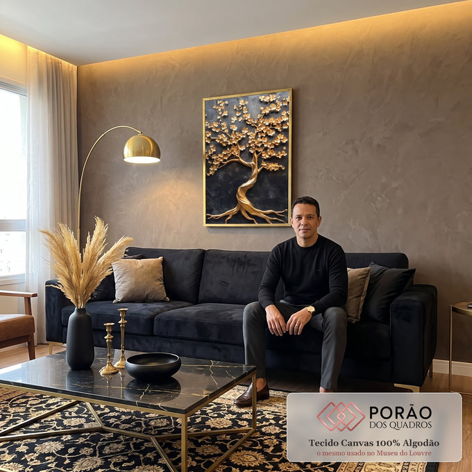 Quadro Decorativo Árvore Nobre Dourada em sala de estar moderna - quadros decorativos para sala
