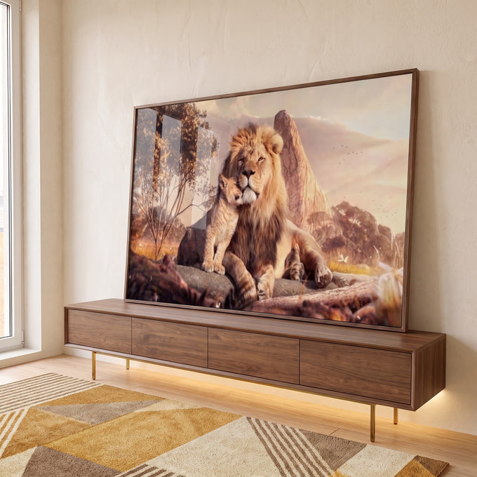 Quadro Decorativo Majestoso Leão e Filhote: Amor Familiar em ambiente decorado - quadros decorativos para sala