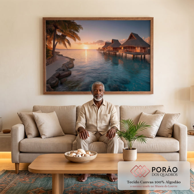 Quadro Decorativo Pôr do Sol Tropical em sala de estar moderna - quadros decorativos para sala