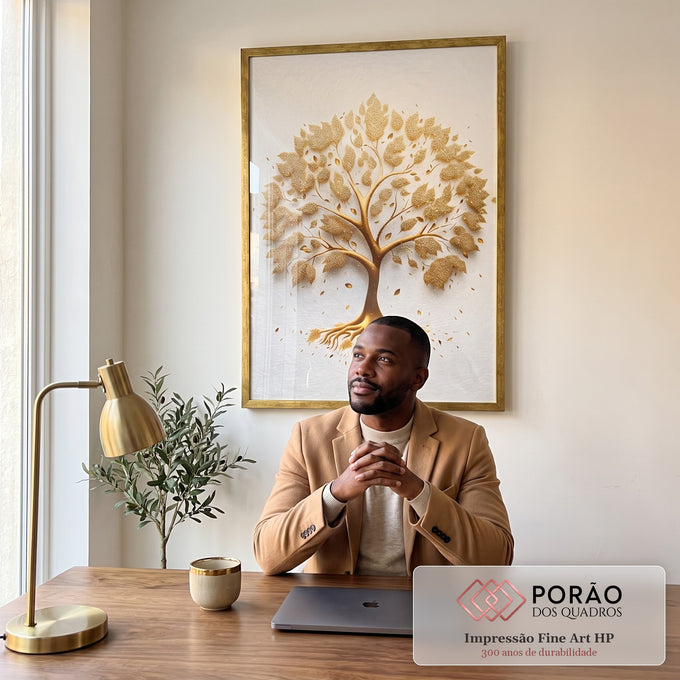 Quadro Decorativo Árvore da Riqueza Dourada em escritorio moderno - quadros decorativos para sala