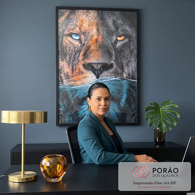 Quadro Decorativo Leão Submerso: Serenidade e Majestade em escritorio moderno - quadros decorativos para sala
