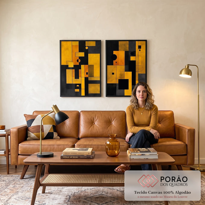 Quadro Decorativo Geométrico Preto e Amarelo em sala de estar moderna - quadros decorativos para sala