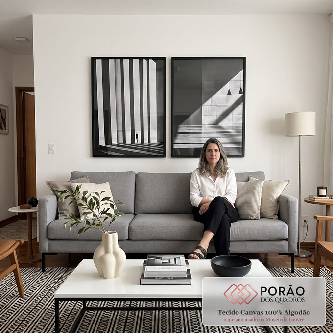 Quadro Decorativo Estruturas Retangulares com Luz e Sombra em sala de estar moderna - quadros decorativos para sala