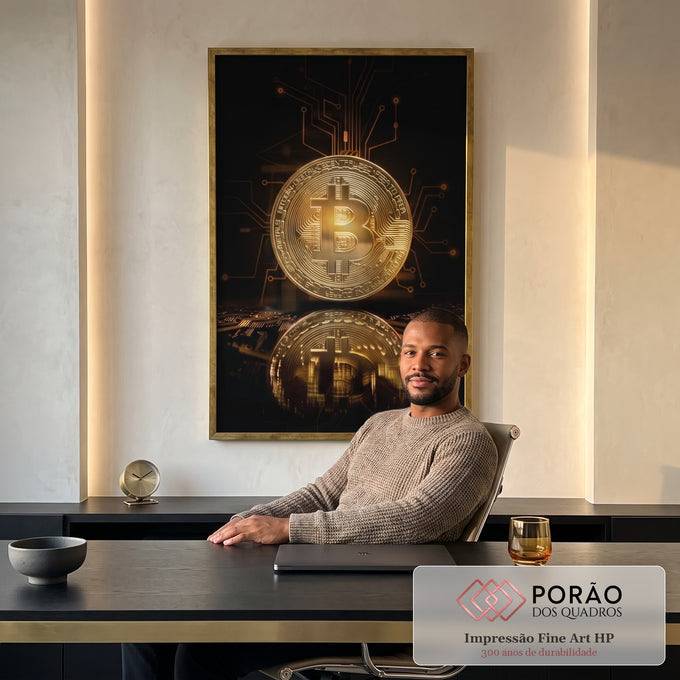 Quadro Decorativo: Bitcoin Dourado - Energia e Futurismo em escritorio moderno - quadros decorativos para sala