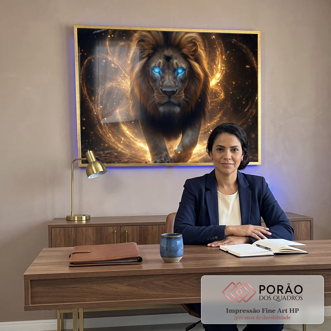 Quadro Decorativo Caminho do Leão Sob Aura Dourada em escritorio moderno - quadros decorativos para sala