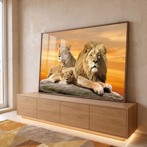 Quadro Decorativo Sofisticado: Família de Leões com Filhotes em ambiente decorado - quadros decorativos para sala