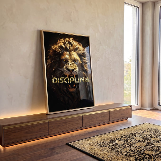 Quadro Decorativo Leão Disciplina - Elegância e Força para sua Decoração em ambiente decorado - quadros decorativos para sala