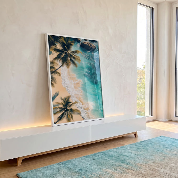 Quadro Decorativo Paisagem Tropical - Beira da Praia em ambiente decorado - quadros decorativos para sala