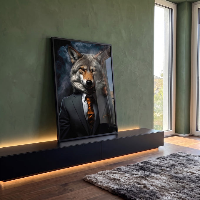 Quadro Decorativo Lobo Empresário - Sofisticação e Estilo para Sua Casa em ambiente decorado - quadros decorativos para sala