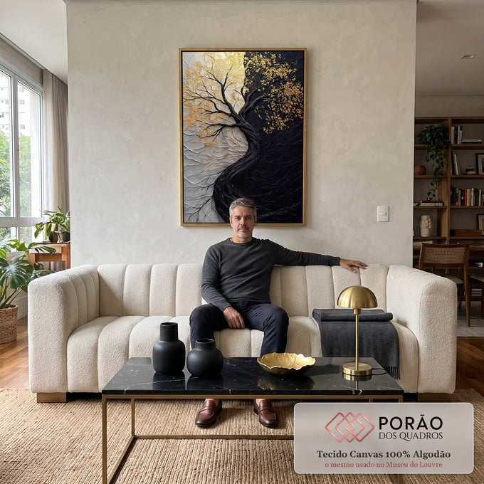 Quadro Decorativo Árvore da Vida Preto e Branco em sala de estar moderna - quadros decorativos para sala