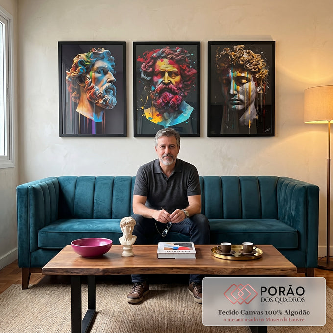 Quadro Decorativo Essência Clássica: Bustos Gregos Coloridos em sala de estar moderna - quadros decorativos para sala