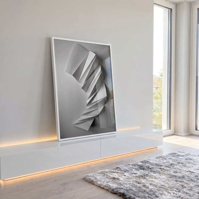 Quadro Decorativo: Elegância de Origami em Tons de Cinza em ambiente decorado - quadros decorativos para sala