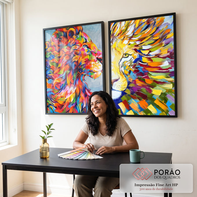 Quadro Decorativo Majestosos Leões Coloridos ? Toque Real em escritorio moderno - quadros decorativos para sala