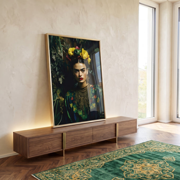 Quadro Decorativo Frida Encantadora com Folhagens em ambiente decorado - quadros decorativos para sala