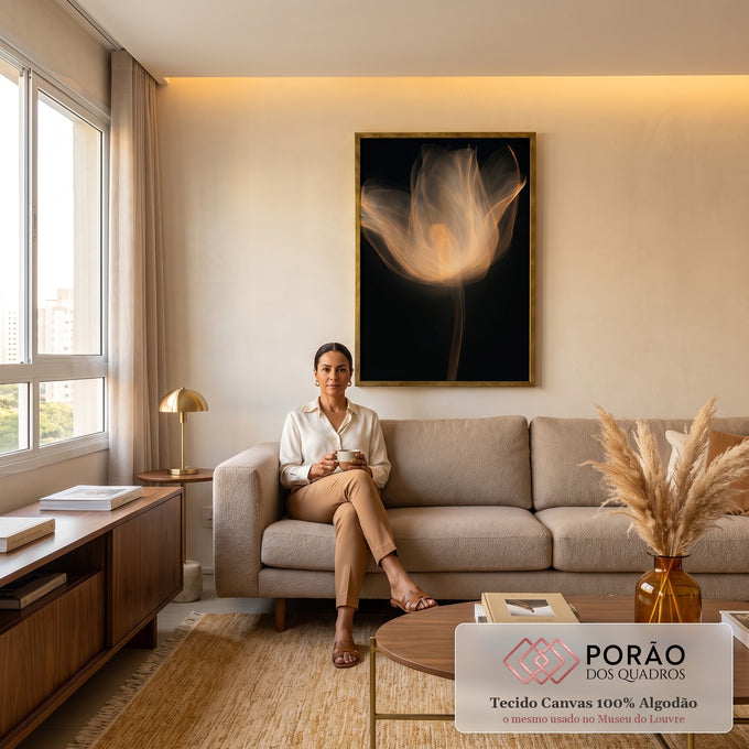 Quadro Decorativo Flor Etérea em Fundo Negro em sala de estar moderna - quadros decorativos para sala