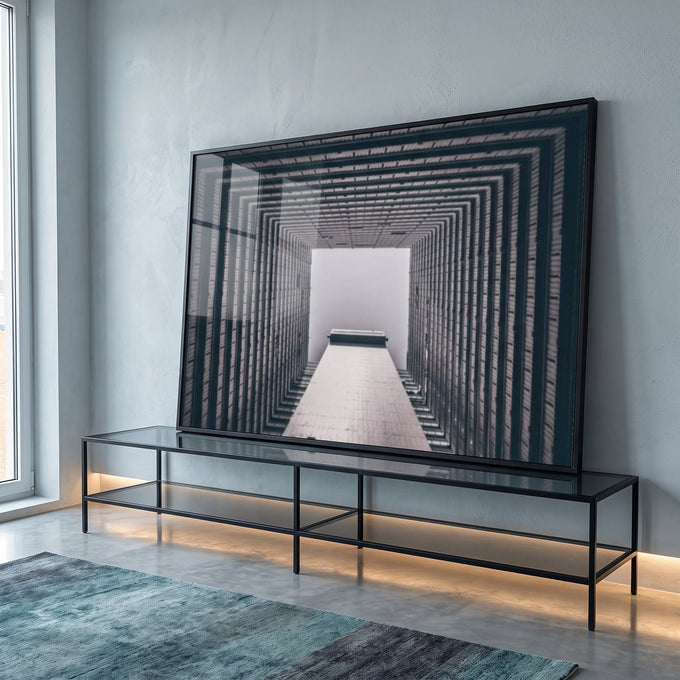 Quadro Decorativo - Grandeza Urbana em Preto e Branco em ambiente decorado - quadros decorativos para sala
