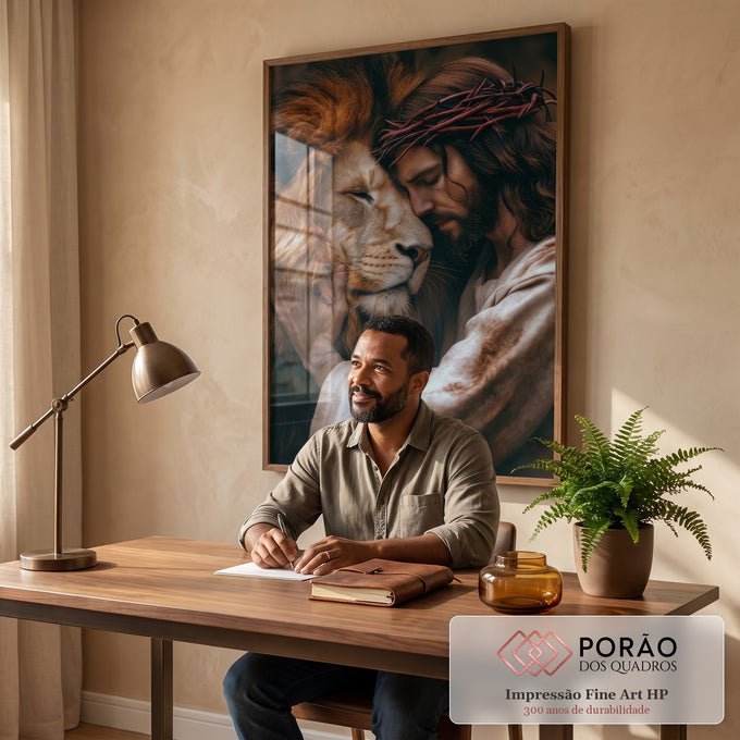 Quadro Decorativo Leão ao Lado de Jesus Cristo em escritorio moderno - quadros decorativos para sala