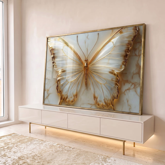 Quadro Decorativo Borboletas Douradas Elegância e Natureza em ambiente decorado - quadros decorativos para sala
