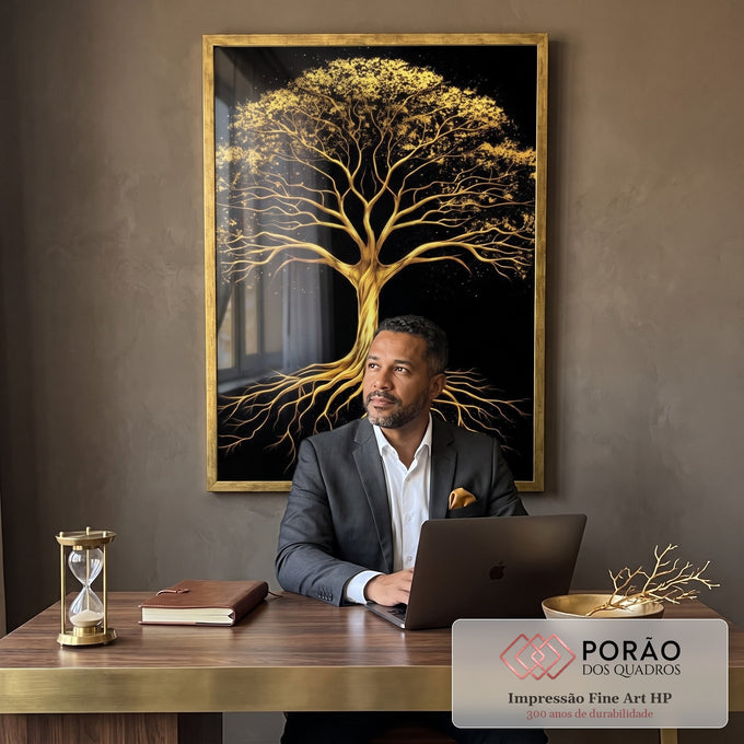 Quadro Decorativo Árvore Dourada em escritorio moderno - quadros decorativos para sala