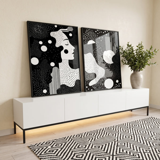 Quadro Decorativo Abstrato em Preto e Branco - Silhueta Feminina de Elegância em ambiente decorado - quadros decorativos para sala