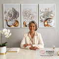 Quadro Decorativo: Harmonia de Rosas Brancas e Dourado em escritorio moderno - quadros decorativos para sala