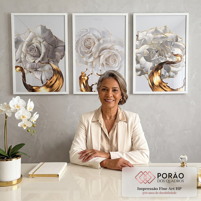 Quadro Decorativo: Harmonia de Rosas Brancas e Dourado em escritorio moderno - quadros decorativos para sala