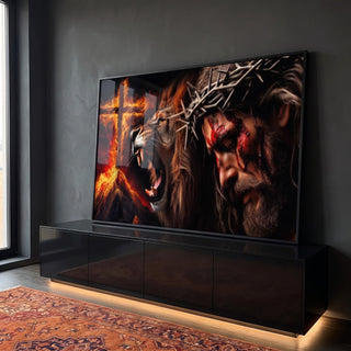 Quadro Decorativo Leão de Judá e Cristo em ambiente decorado - quadros decorativos para sala