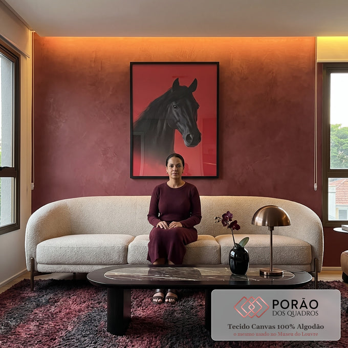 Quadro Decorativo Cavalo Negro Vibrante em sala de estar moderna - quadros decorativos para sala
