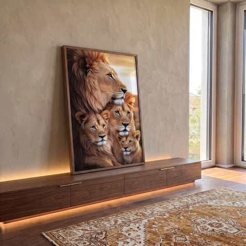 Quadro Decorativo Família de Leões: União e Força em ambiente decorado - quadros decorativos para sala