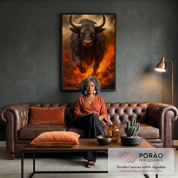 Quadro Decorativo Força do Touro Flamejante em sala de estar moderna - quadros decorativos para sala