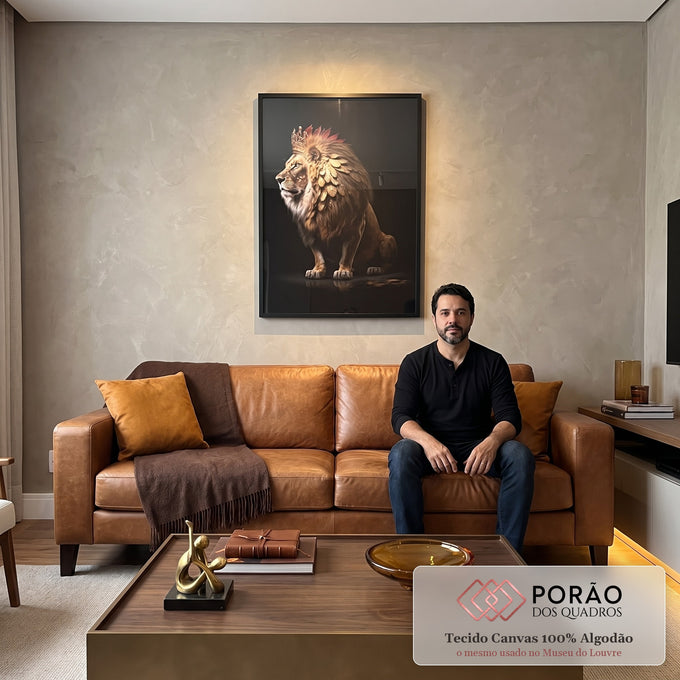 Quadro Decorativo Majestoso Leão com Coroa - Estilo e Sofisticação para sua Decoração em sala de estar moderna - quadros decorativos para sala