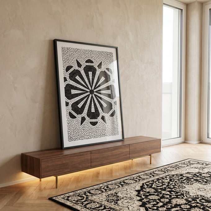 Quadro Decorativo Geométrico Preto e Branco em ambiente decorado - quadros decorativos para sala