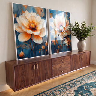 Quadro Decorativo Dupla de Flores Esbeltas  Elegância e Natureza em ambiente decorado - quadros decorativos para sala
